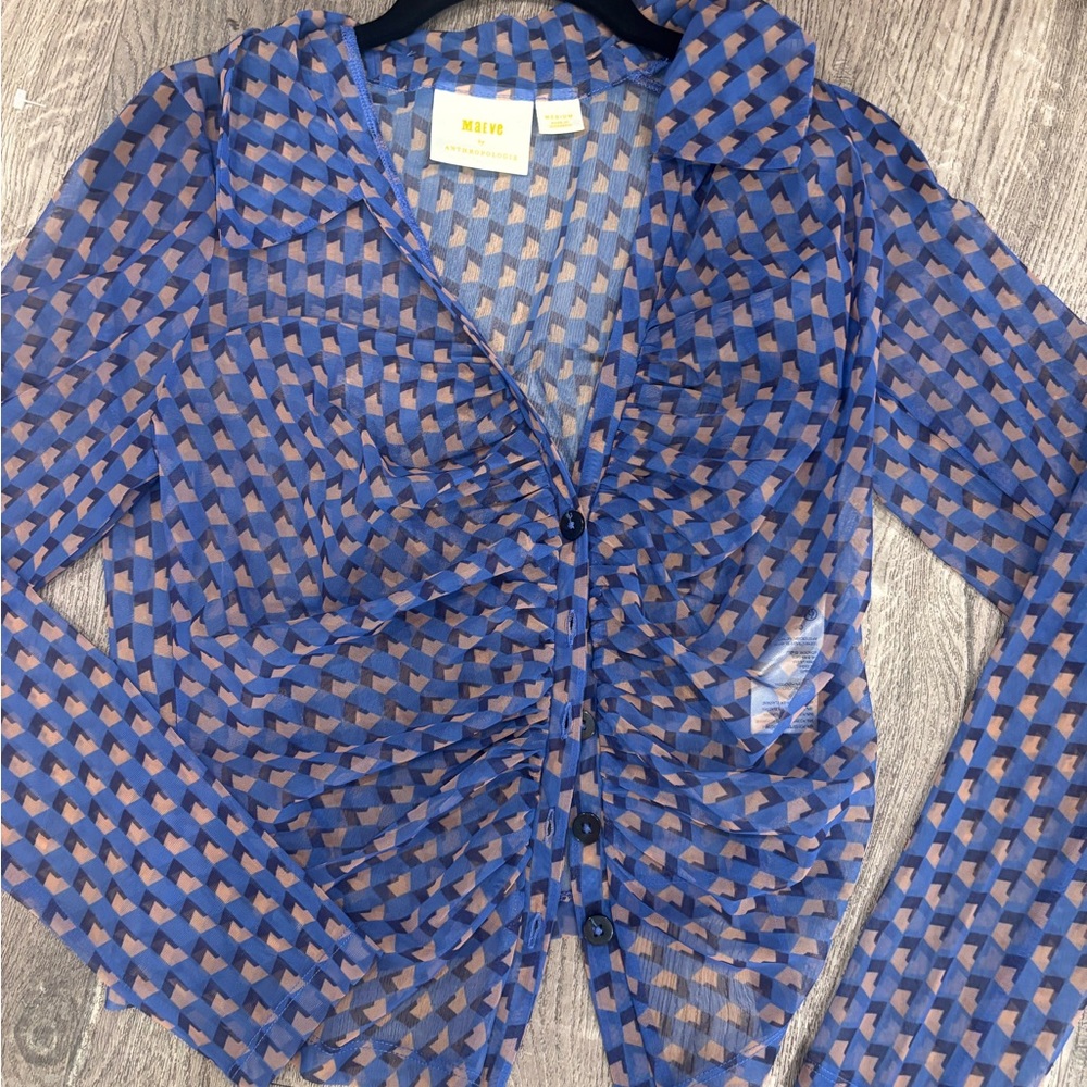 Anthropologie Blue & Tan Geometric Sheer Ruched Button-Down Top